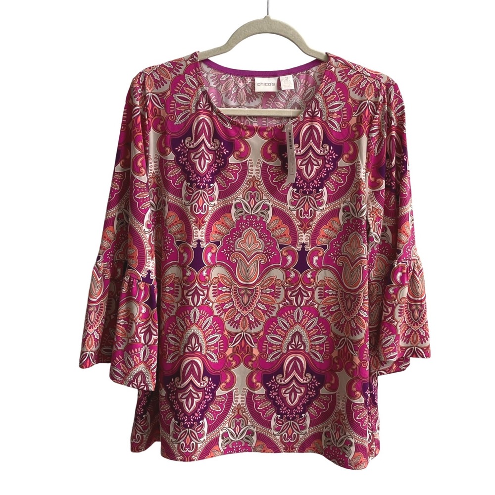 Chico's Shell Medallion Top Womens 2 L Pink Paisley Bell Sleeve Ruffle 570236416 - Picture 2 of 8
